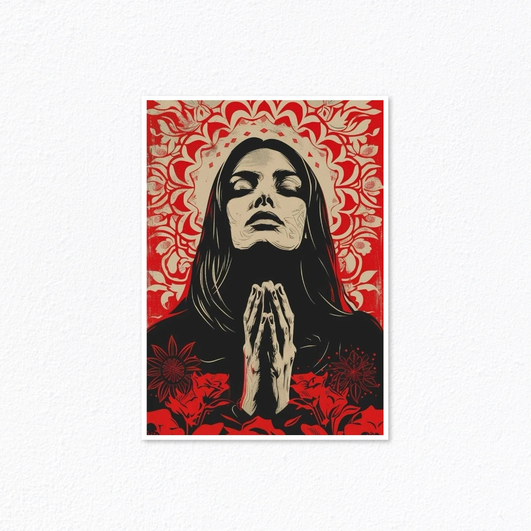 Spiritual Art – Praying Woman Red Mandala Floral Print Poster Cladure