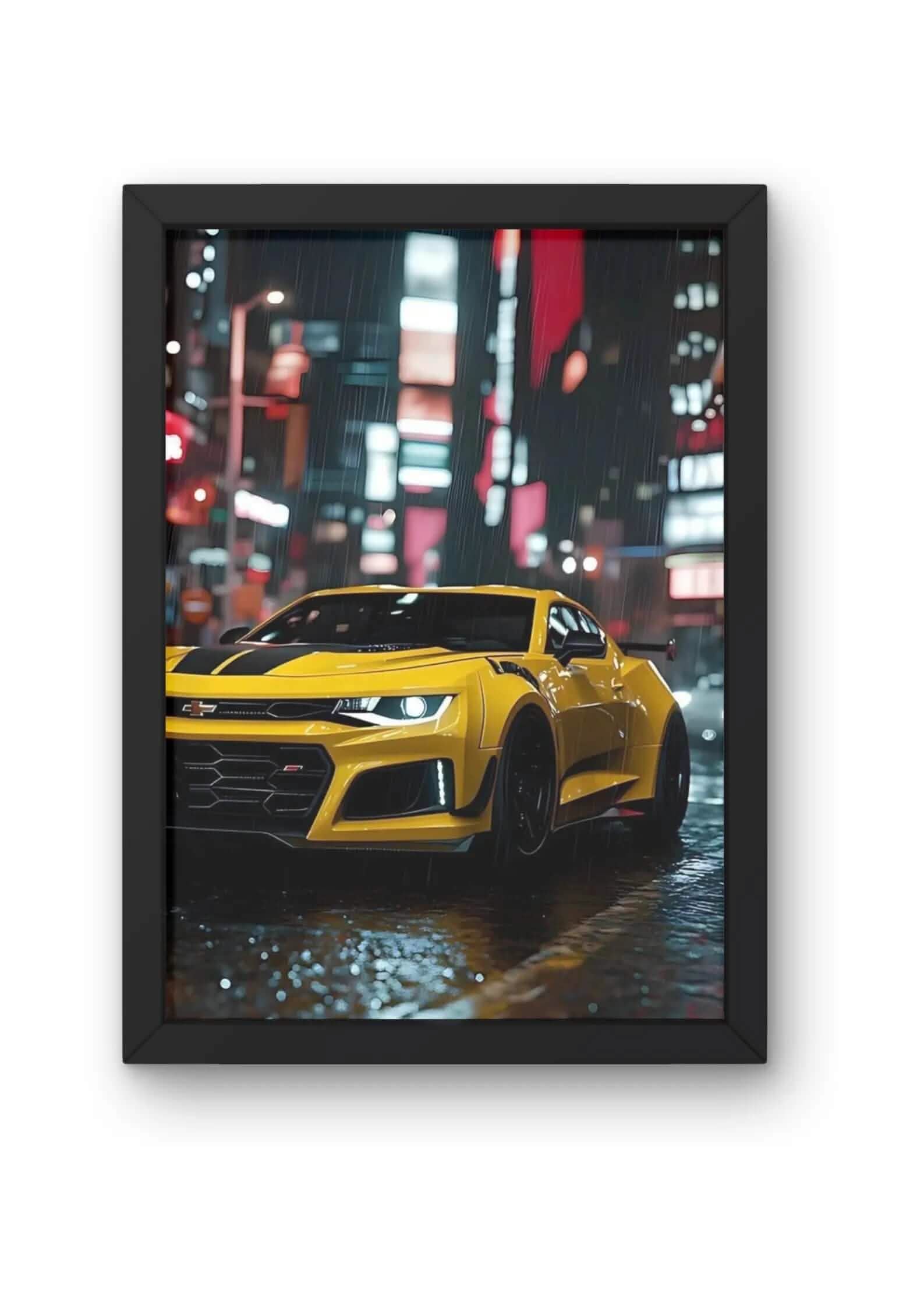"Yellow Camaro in the Rain Car Poster product_type CLADURE"