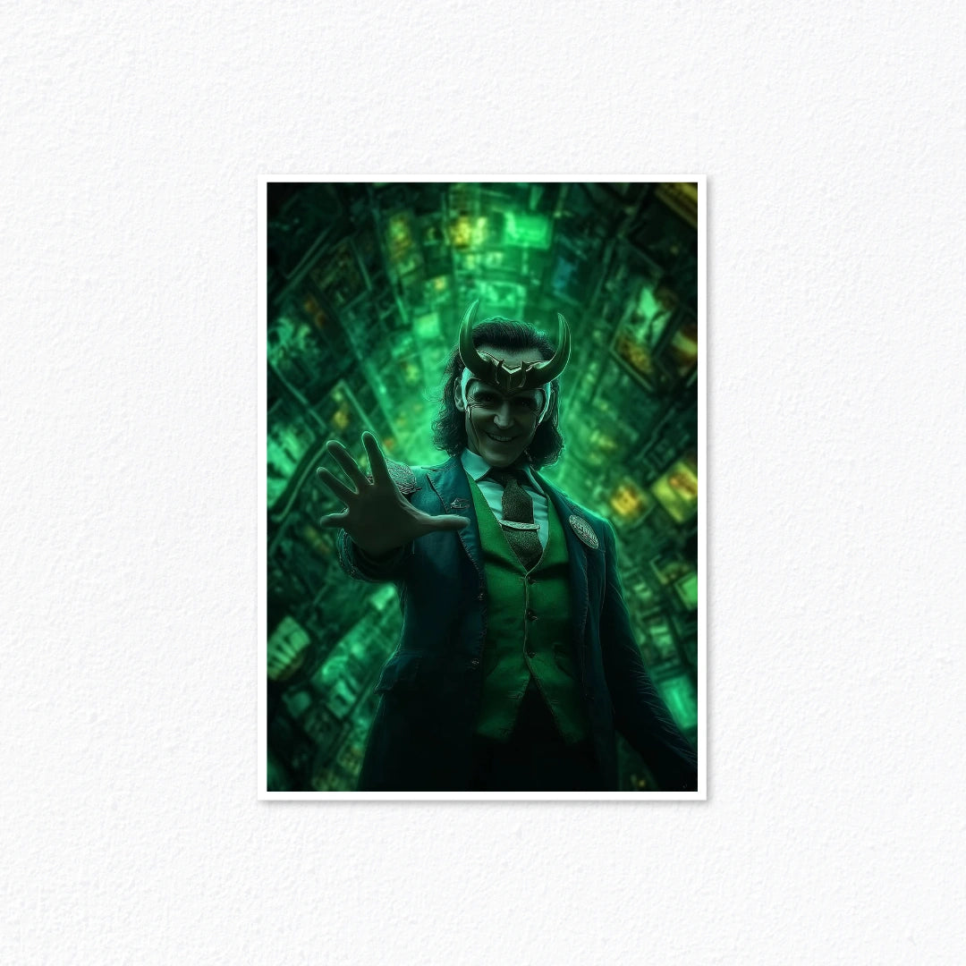 President Loki Horned Crown Green Time Stream Vortex Marvel Wall Poster Cladure