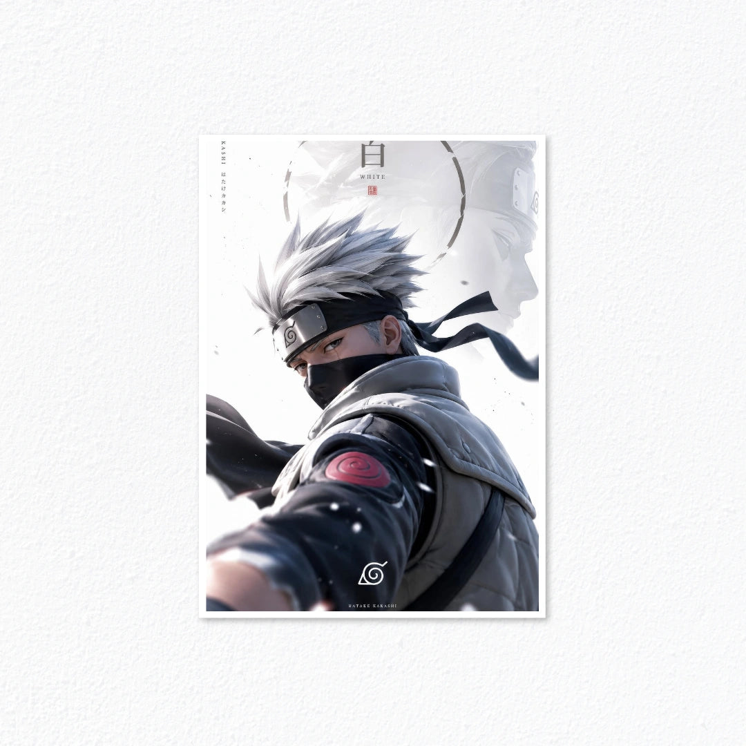 Kakashi Hatake Ninja Poster – Minimalist White Leaf Village Anime Wall Art Cladure