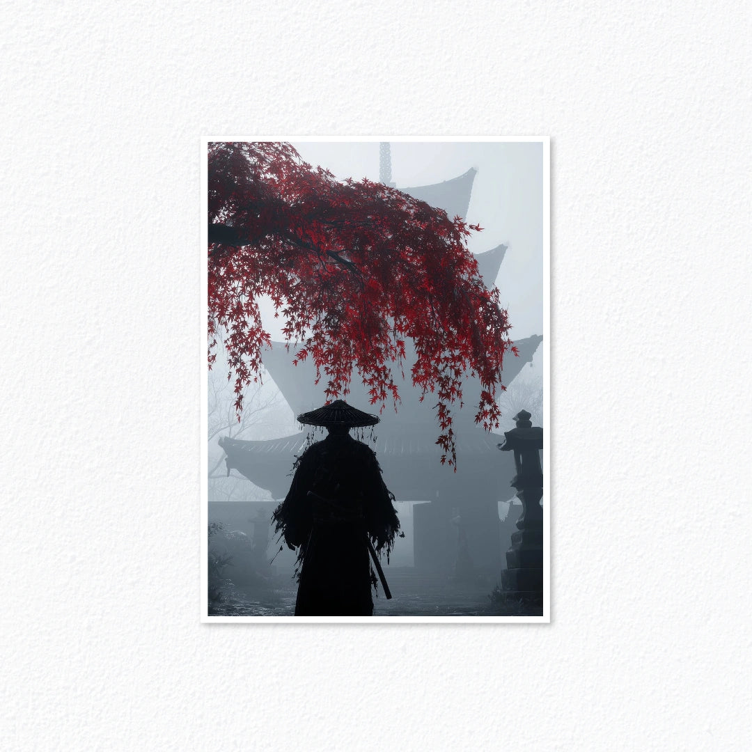 Ghost of Tsushima – Samurai Silhouette & Red Maple Leaves Temple Poster Cladure