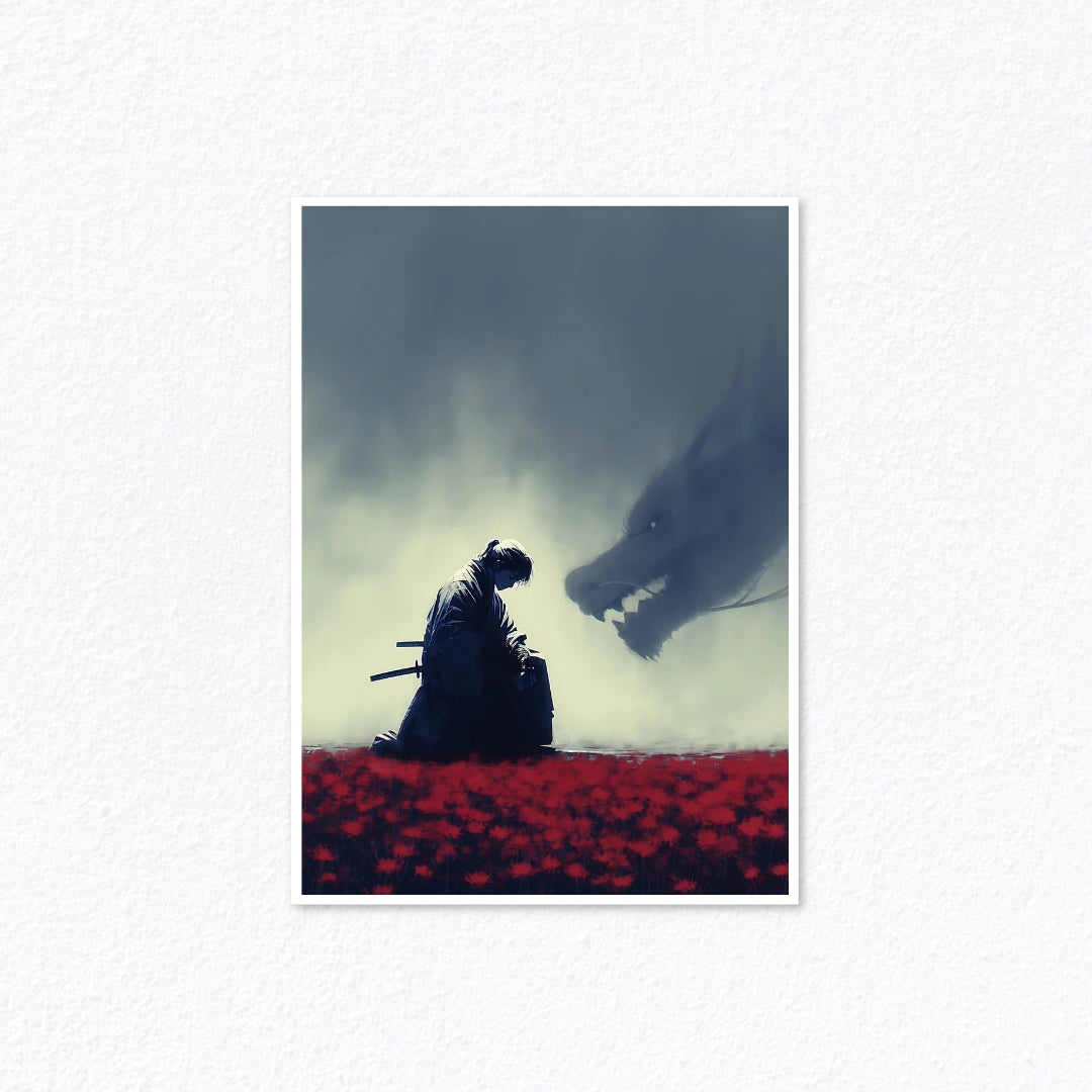 Sekiro / Elden Ring – Kneeling Samurai & Shadow Dragon Red Spider Lily Meadow Poster Cladure