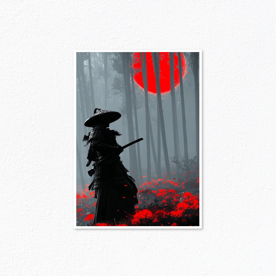 Ghost of Tsushima – Samurai Silhouette Red Sun & Spider Lily Bamboo Forest Poster Cladure