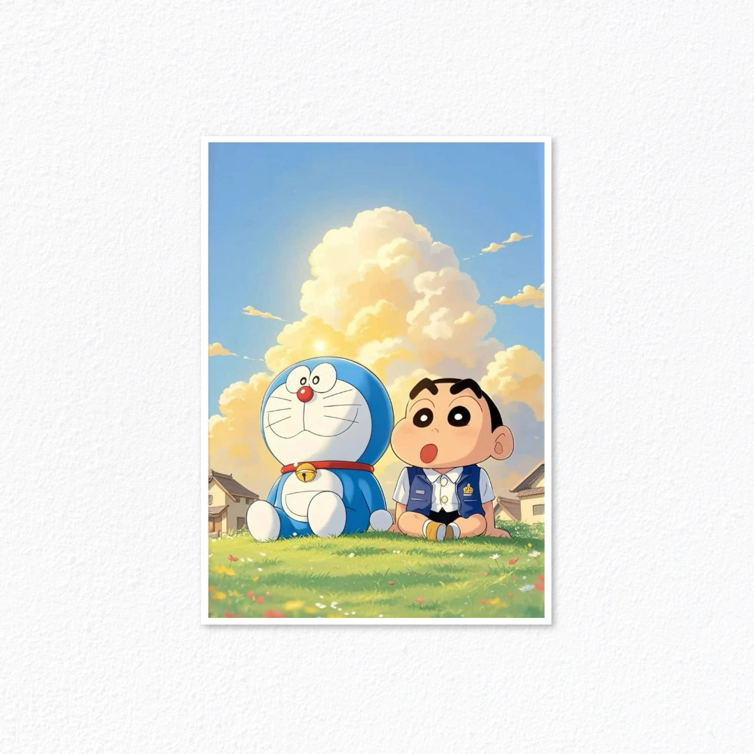 Crossover – Doraemon & Shinchan Meadow Sunlit Clouds Aesthetic Poster Cladure