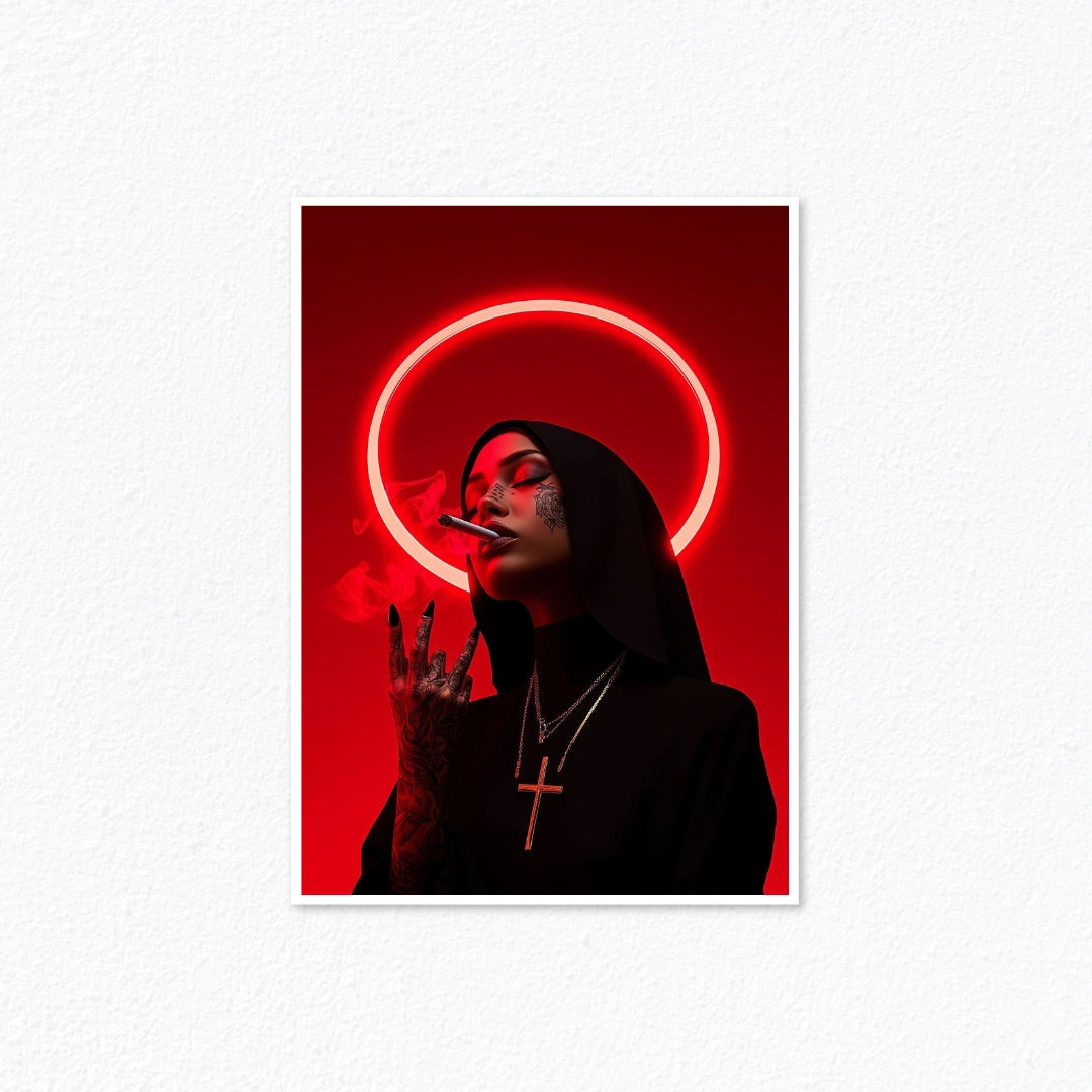 Gothic Art – Dark Tattooed Nun Red Neon Halo Poster Cladure
