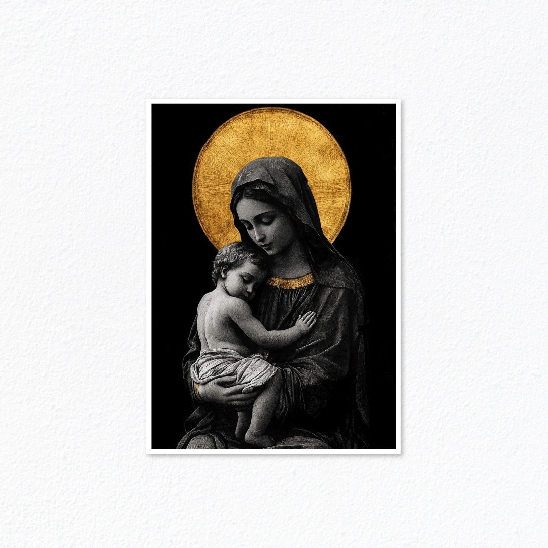Sacred Art – Mother & Child Vintage Gold Halo Portrait Poster Cladure