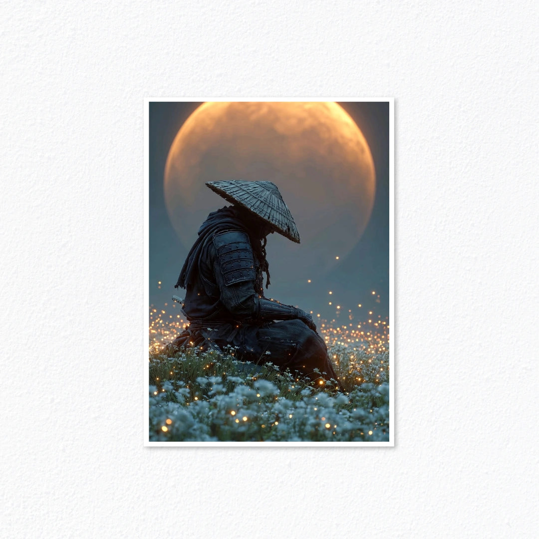 Meditating Samurai Under Full Moon Poster Cladure