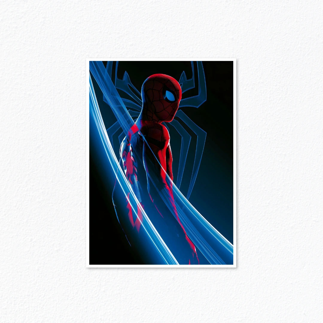 Spider-Man Dark Profile Neon Blue Light Web Emblem Marvel Poster Cladure