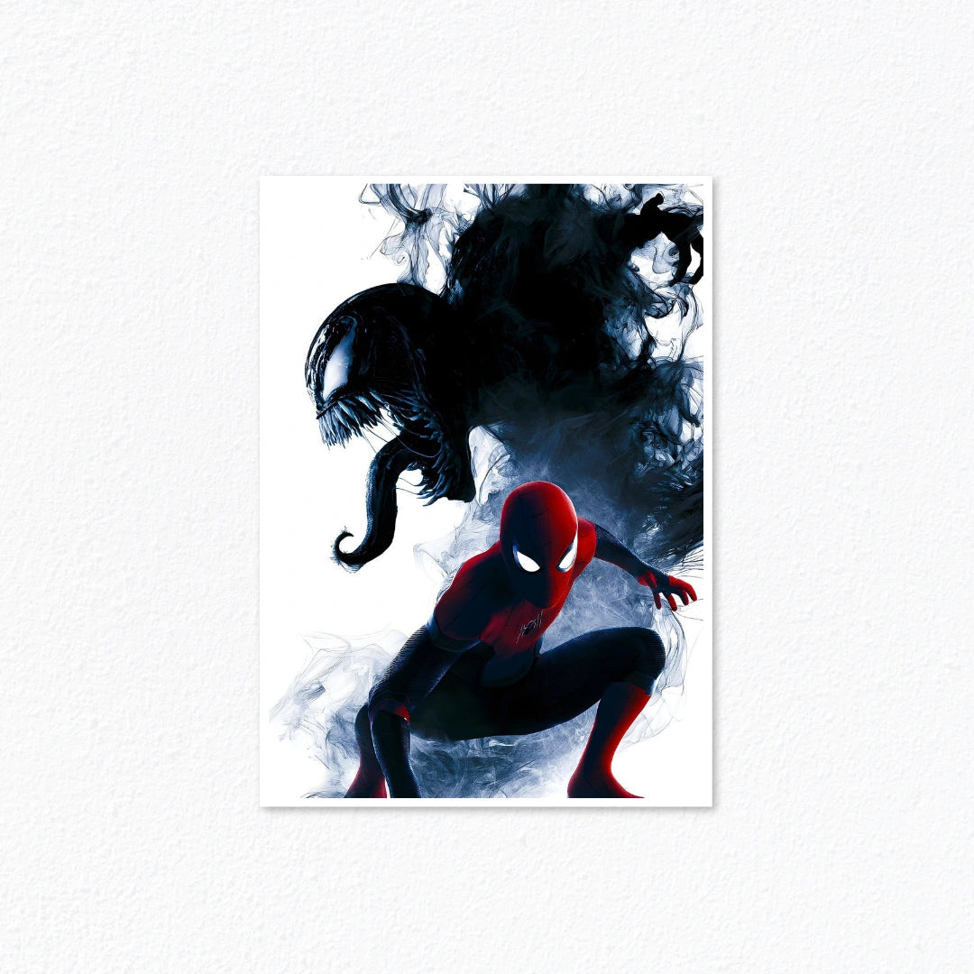 Spider-Man Crouching Stance & Venom Dark Smoke Shadow Marvel Wall Art Poster Cladure