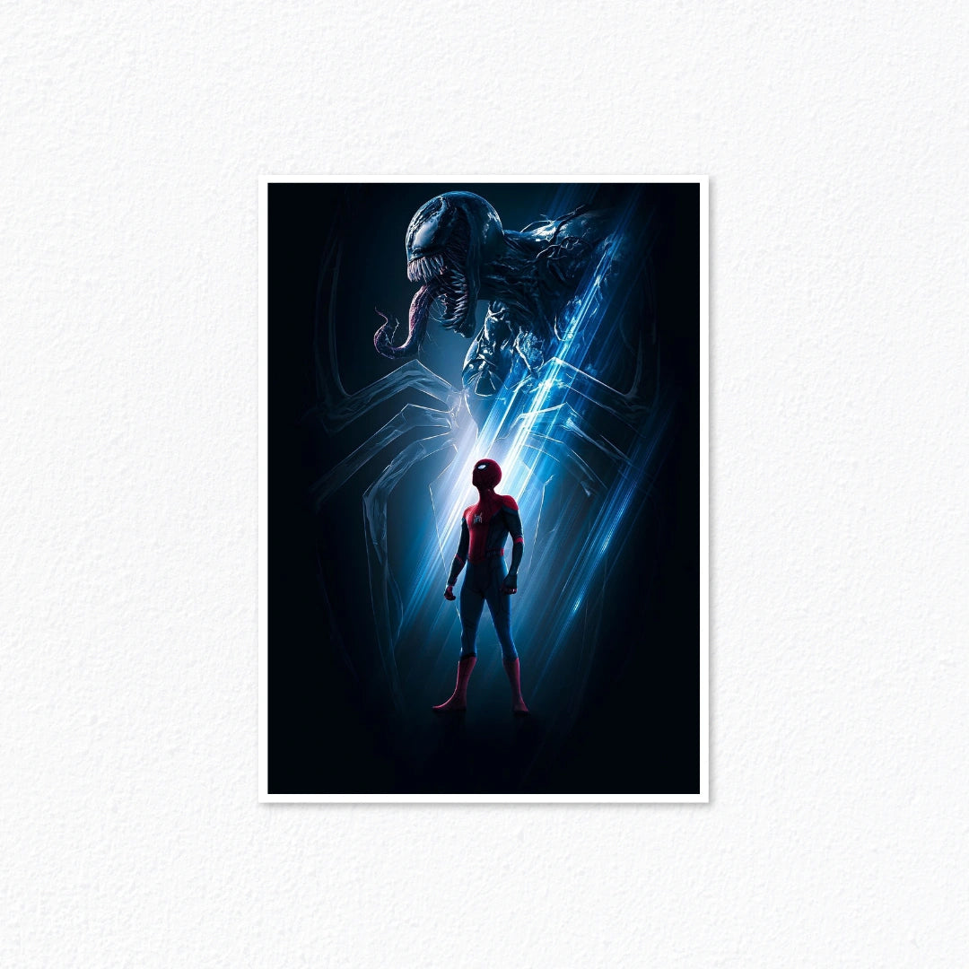 Spider-Man Standing Heroic & Giant Venom Blue Aura Marvel Poster Cladure