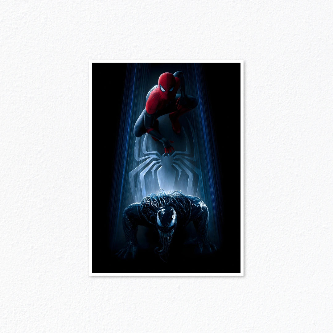 Spider-Man Perched Stance & Venom Crawling Dark Aesthetic Marvel Poster Cladure