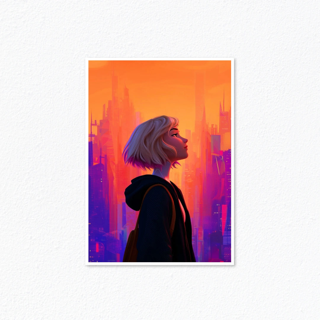 Spider-Man Across The Spider-Verse – Gwen Stacy Sunset Skyline Profile Poster Cladure