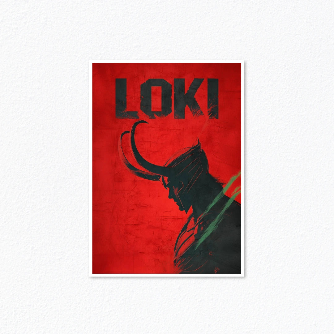 Loki Horned Crown Silhouette Crimson Red Noir Minimalist Marvel Poster Cladure