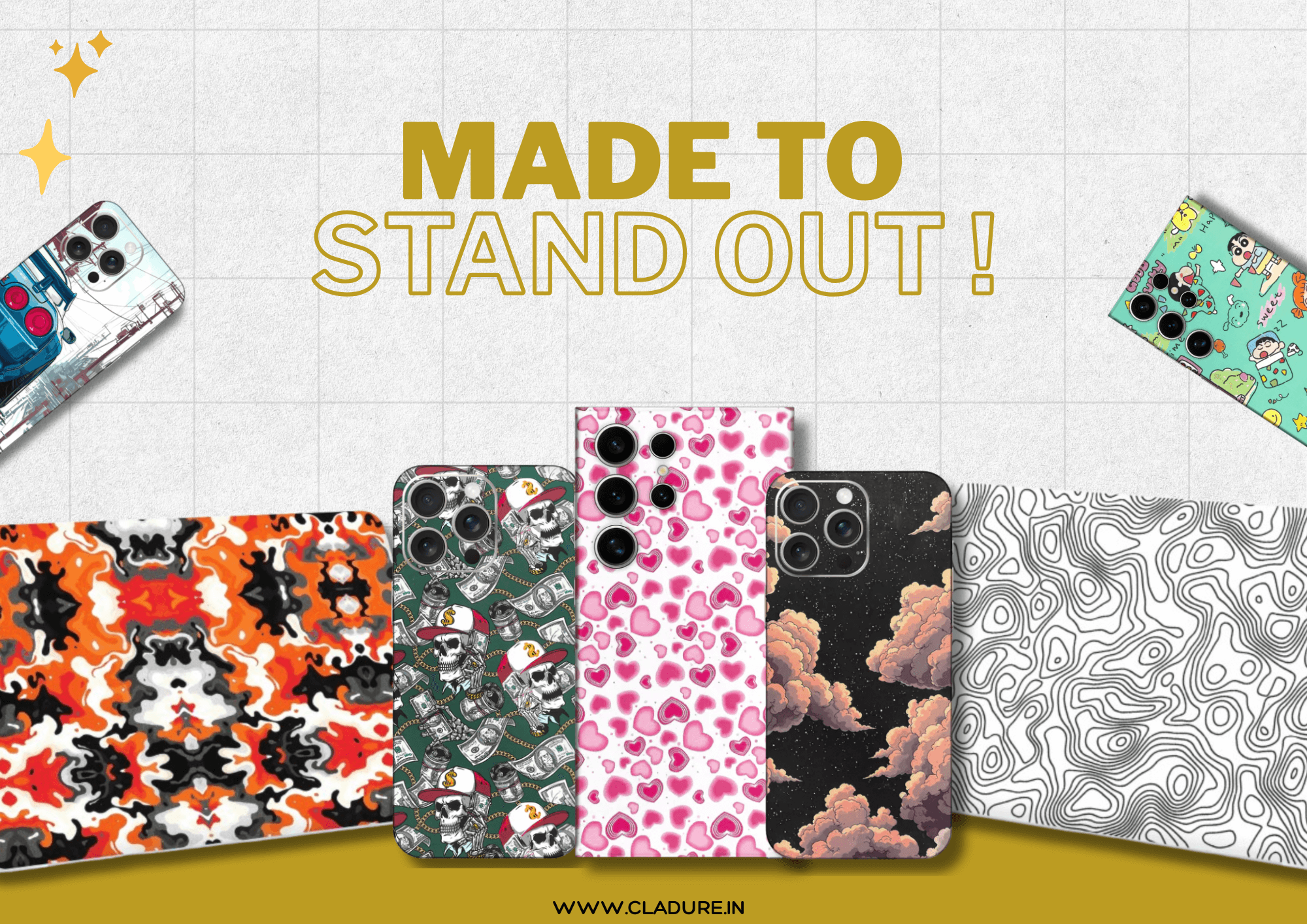 Collection of phone cases with various designs on a checkered background with 'Made to Stand Out' text.