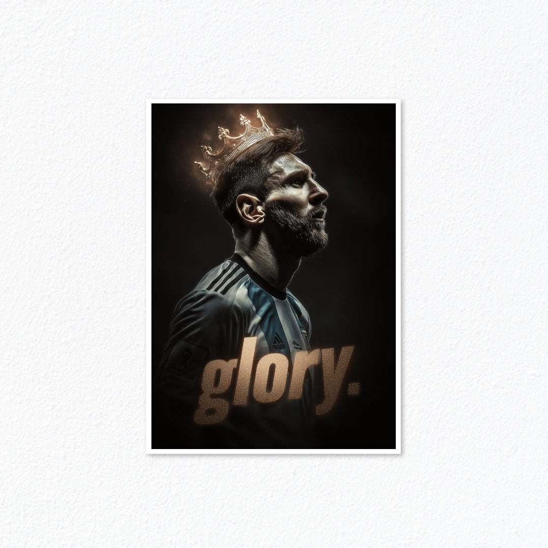 A vertical poster print featuring a dramatic portrait of Lionel Messi wearing a golden crown, with the word 'glory.' in large metallic gold text at the bottom, displayed against a white textured wall.